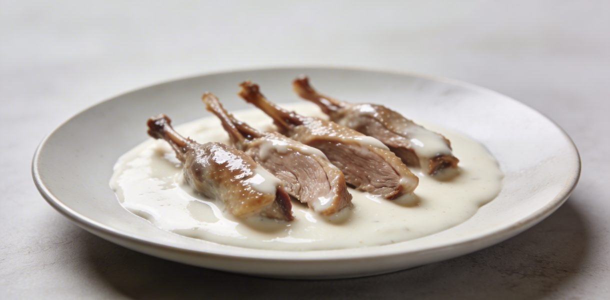 Assiette d_aiguillettes de canard cremeuse servies avec sauce blanche