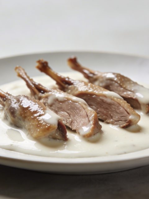Assiette d_aiguillettes de canard cremeuse servies avec sauce blanche