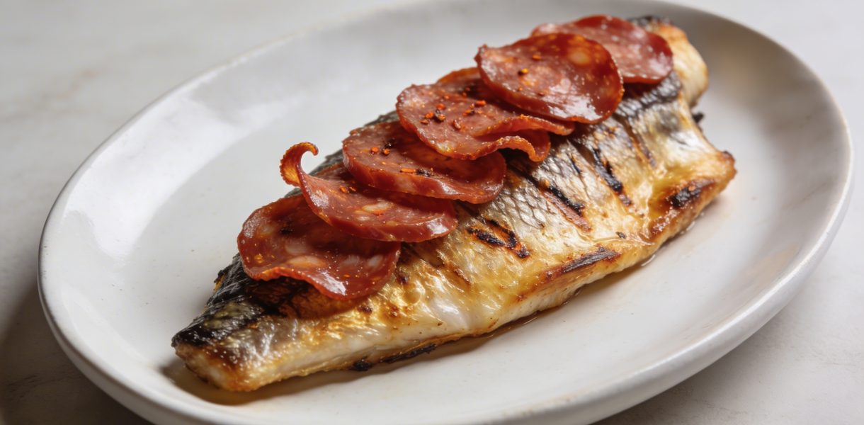 Assiette de cabillaud dore couvert de tranches de chorizo