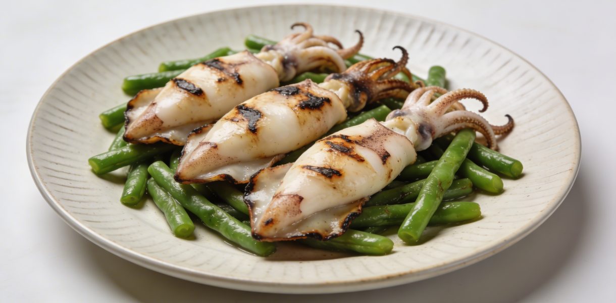 Assiette de calmars grilles avec haricots verts