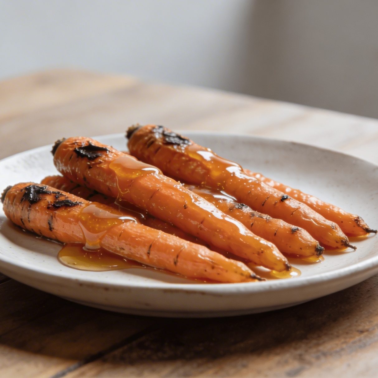 Assiette de carottes roties glacees au miel sur table en bois