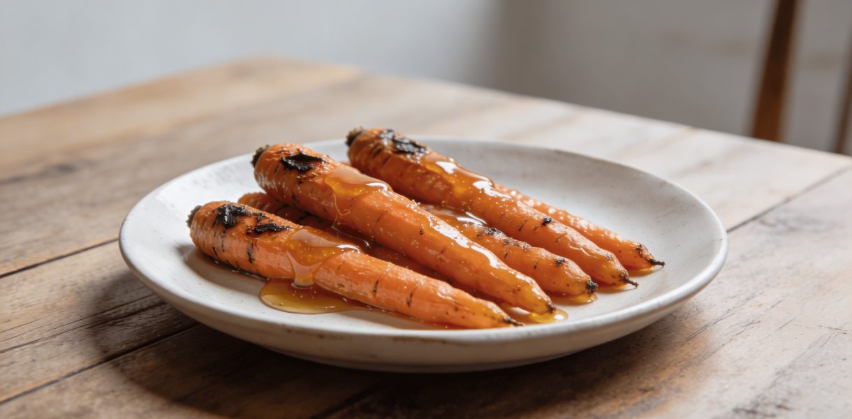 Assiette de carottes roties glacees au miel sur table en bois