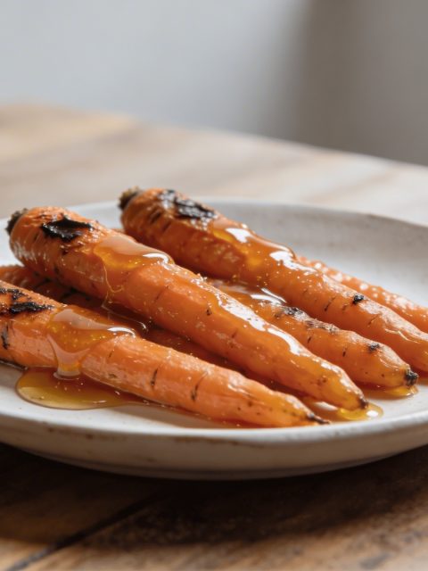 Assiette de carottes roties glacees au miel sur table en bois