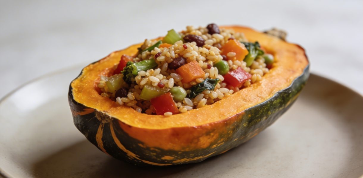 Assiette en gros plan avec courge farcie colorée
