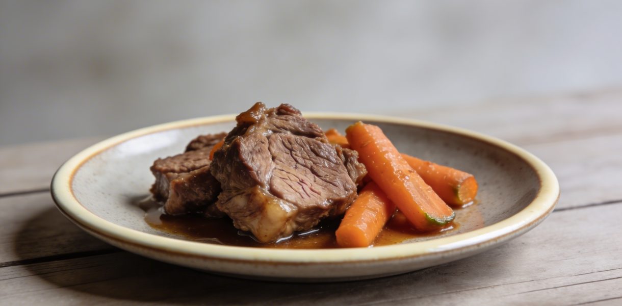 Assiette de joues de porc mijotees avec carottes