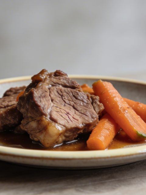 Assiette de joues de porc mijotees avec carottes