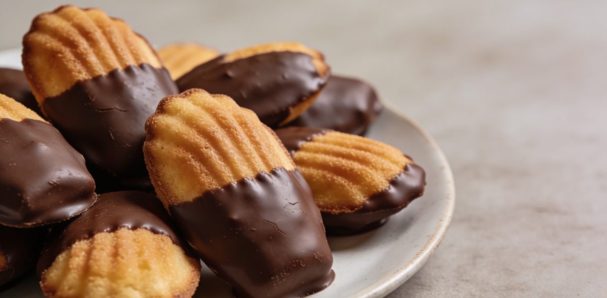 Assiette de madeleines trempees a moitie dans chocolat
