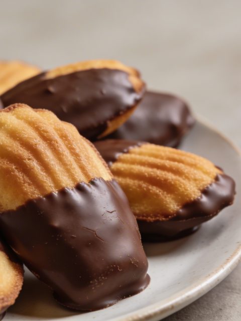 Assiette de madeleines trempees a moitie dans chocolat