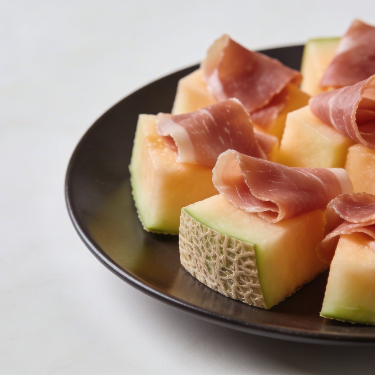 Assiette de melon en cubes avec tranches de jambon cru