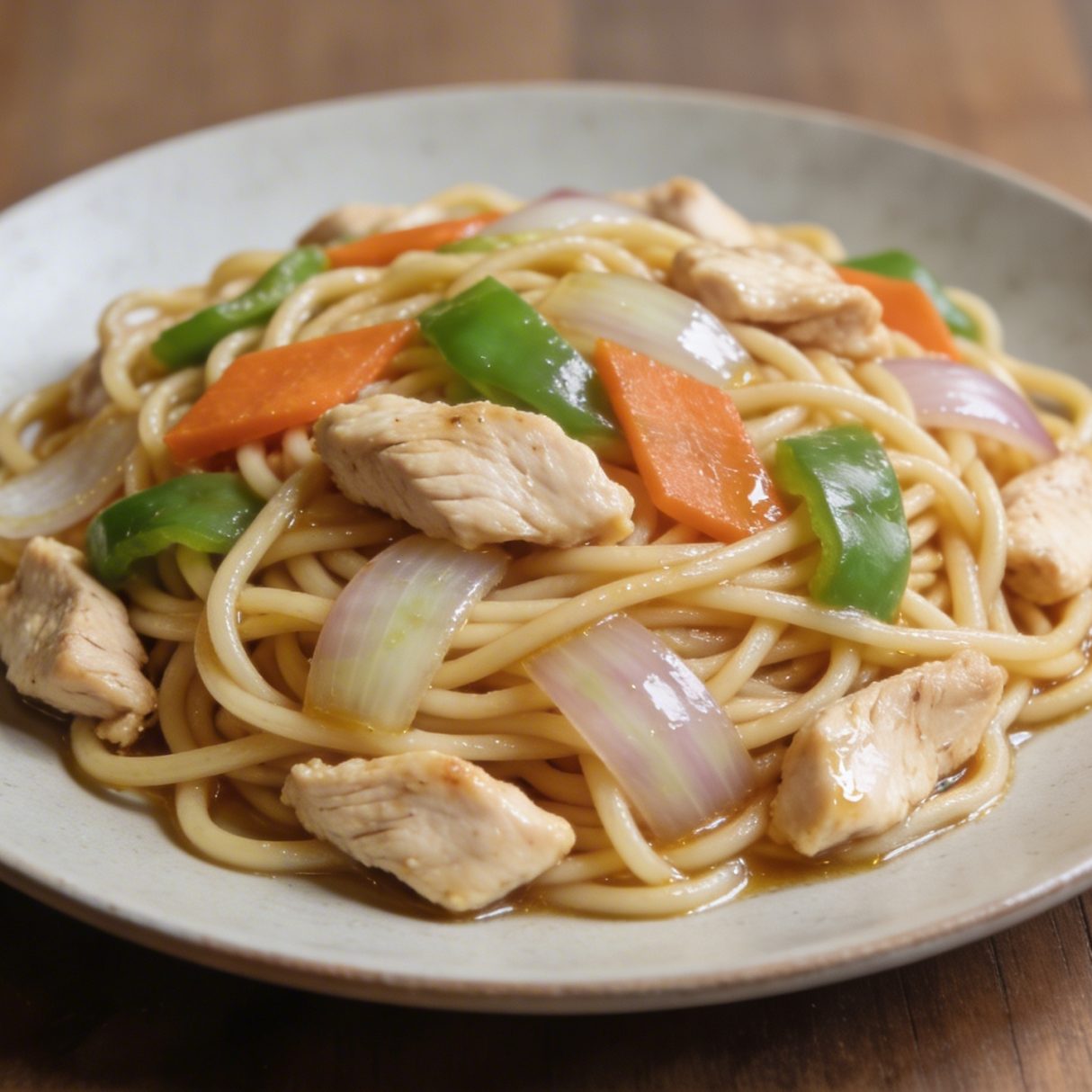 Assiette de nouilles sautees au poulet vue de dessus