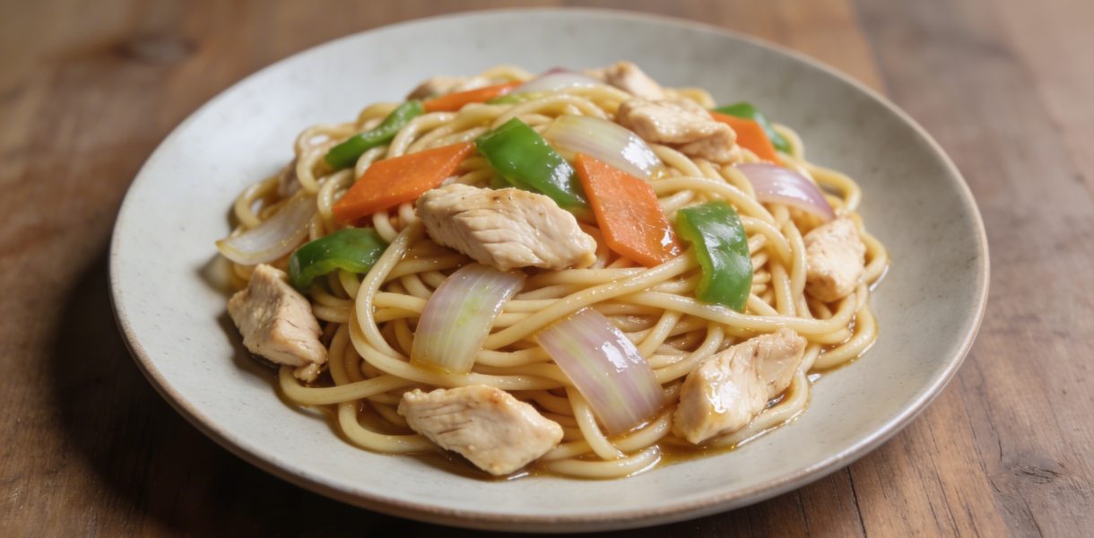 Assiette de nouilles sautees au poulet vue de dessus