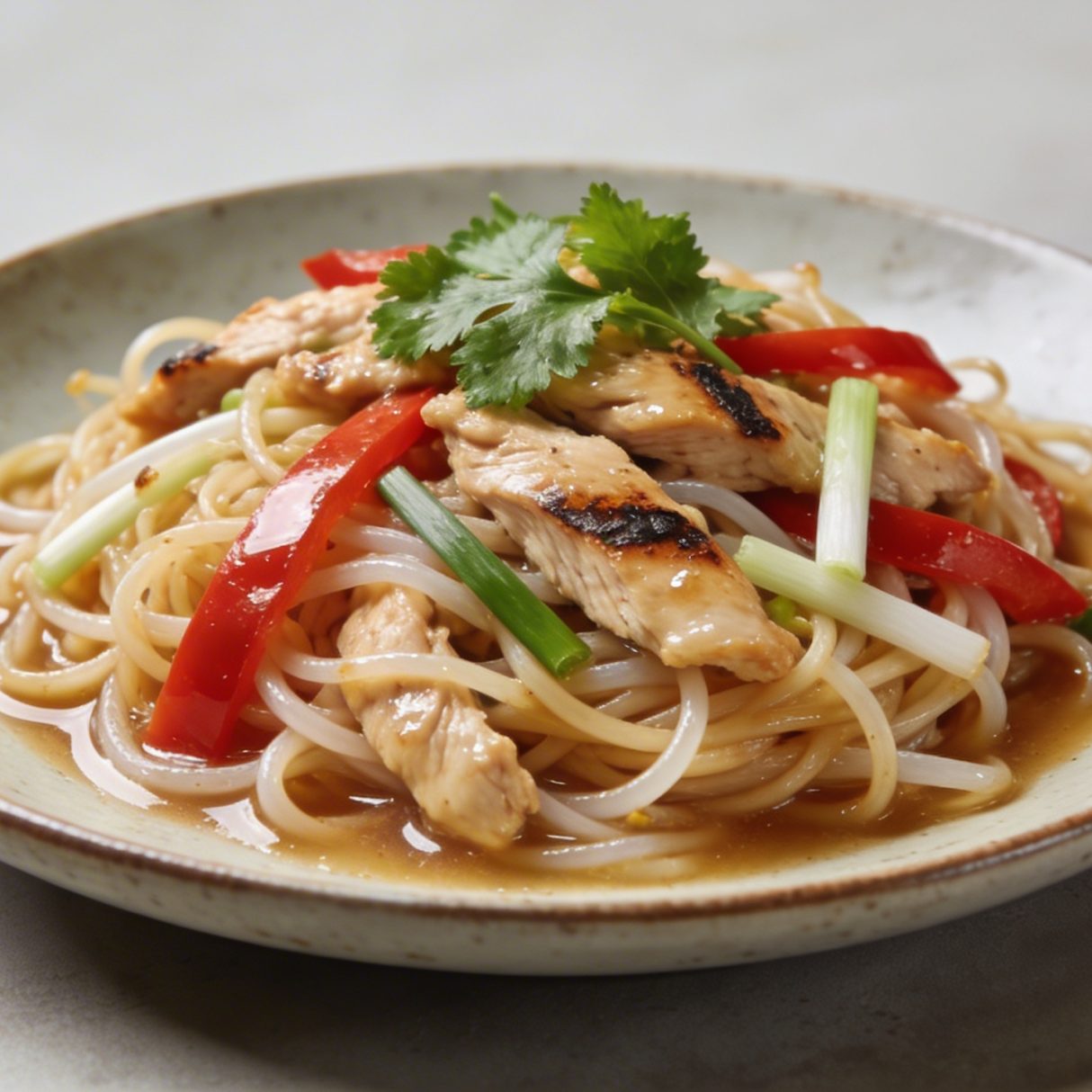 Assiette de nouilles sautees au poulet thai fumant