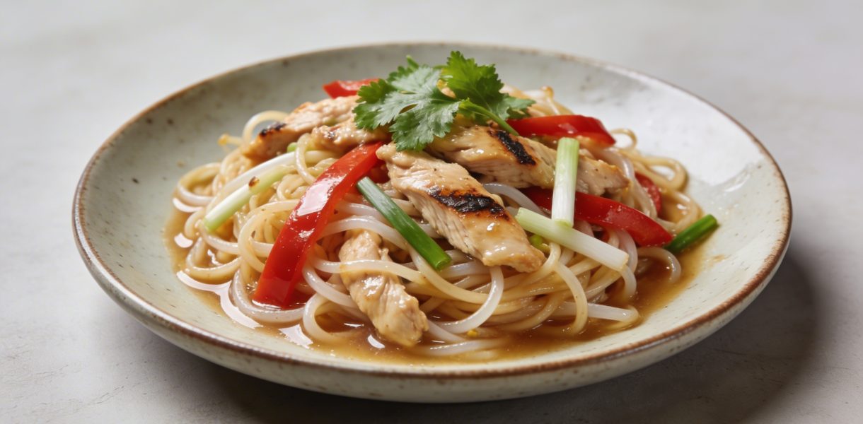 Assiette de nouilles sautees au poulet thai fumant