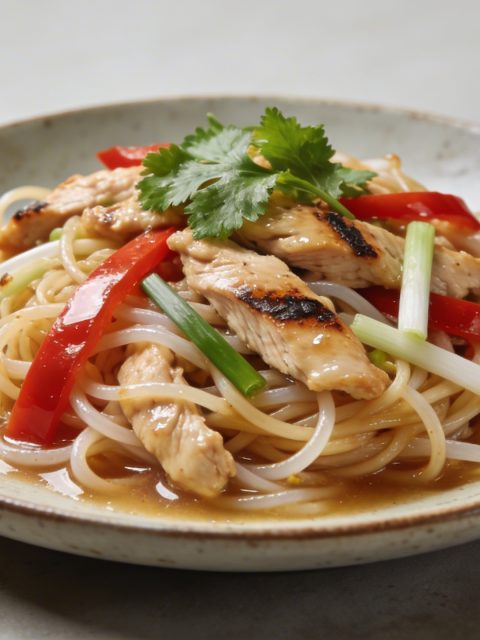 Assiette de nouilles sautees au poulet thai fumant