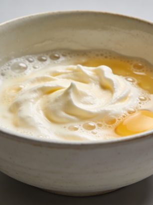 Bol en céramique avec jaunes d oeufs fouettés