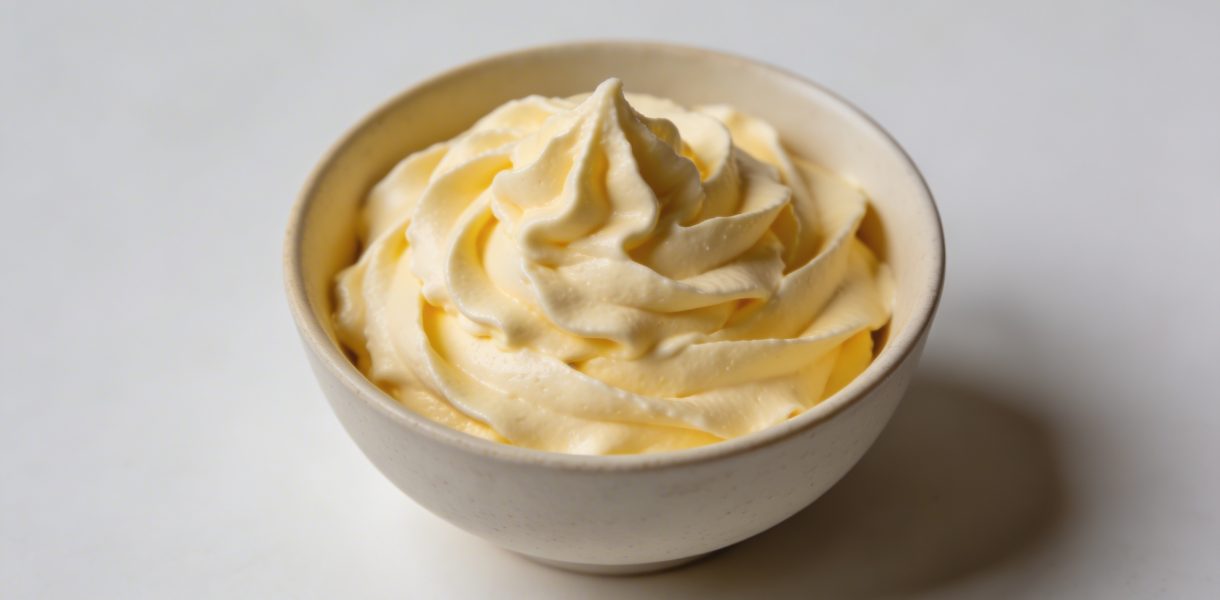 Bol de creme patissiere jaune fouettee sur table