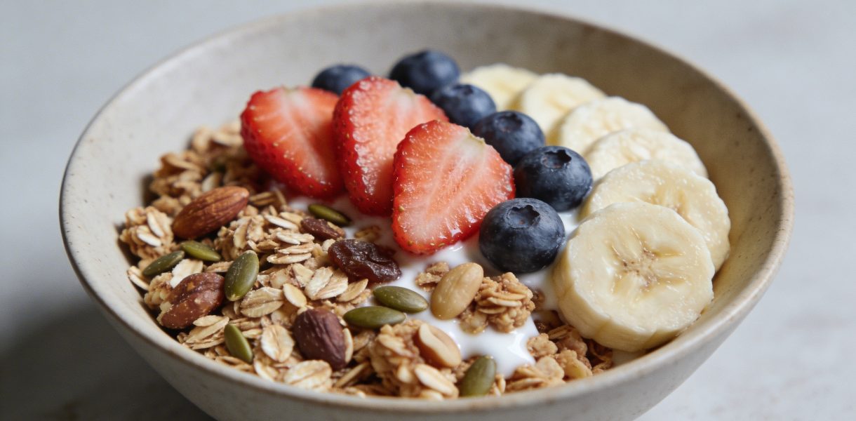 Bol de granola fait maison avec fruits frais