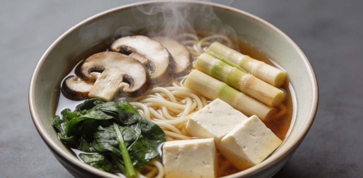 Bol de ramen vegetarien fumant vue plongeante