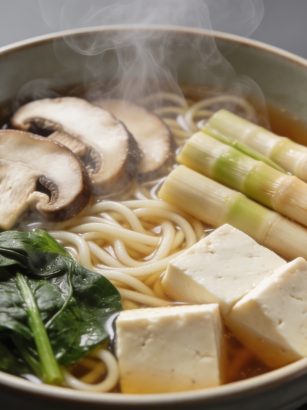Bol de ramen vegetarien fumant vue plongeante
