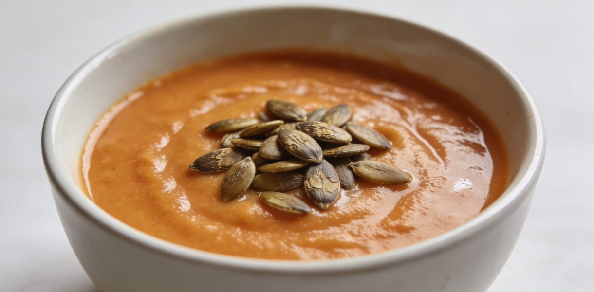 Bol de soupe orange cremeuse avec graines grillees