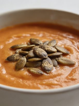 Bol de soupe orange cremeuse avec graines grillees