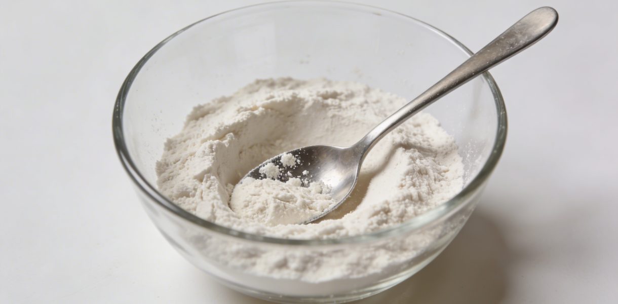 Bol en verre avec cuillere et farine blanche