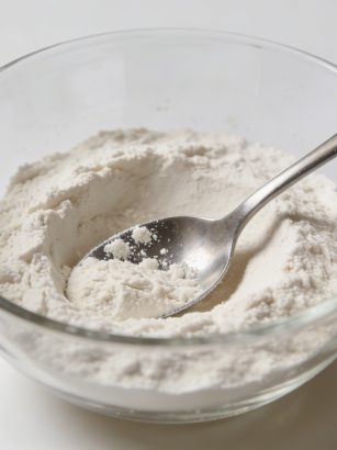 Bol en verre avec cuillere et farine blanche