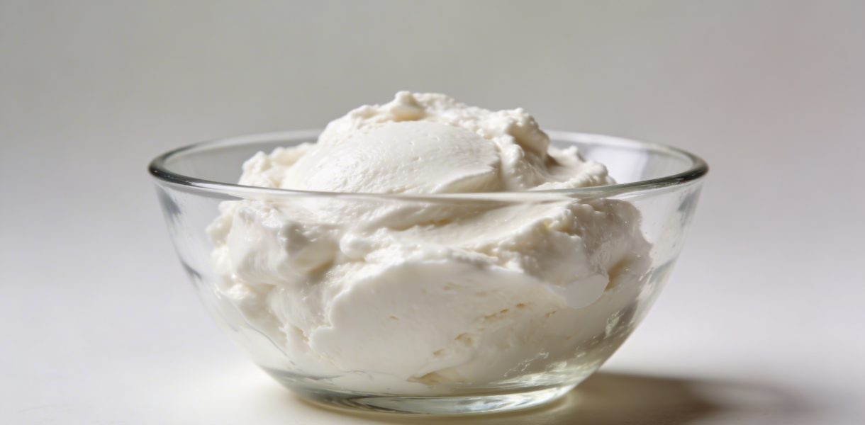 Bol en verre rempli de fromage frais blanc