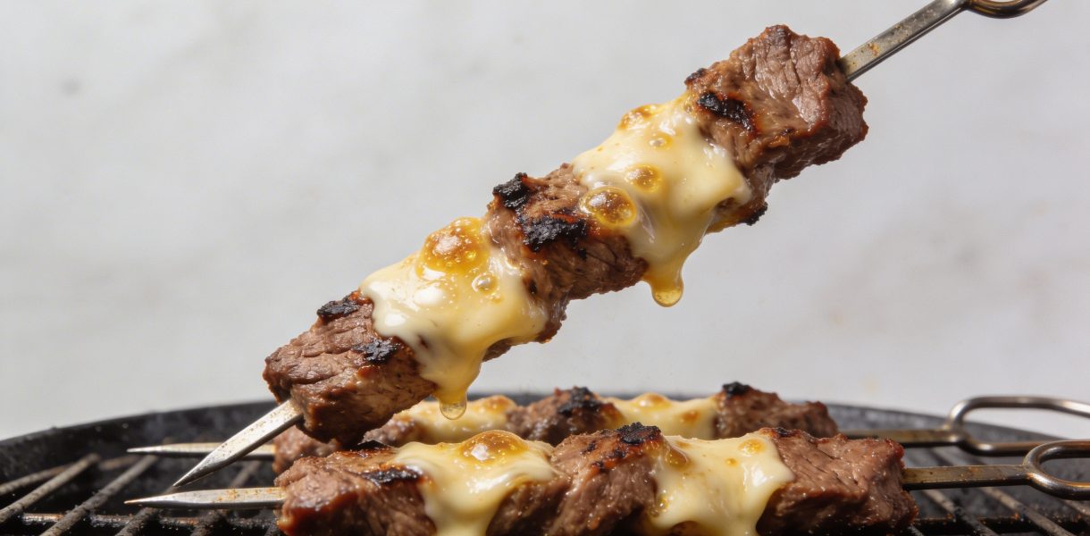 Brochettes de boeuf fromage grillees sur barbecue