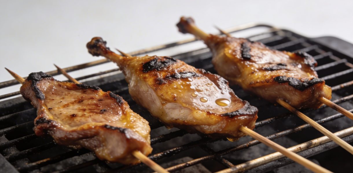 Brochettes de magret de canard grillees sur barbecue
