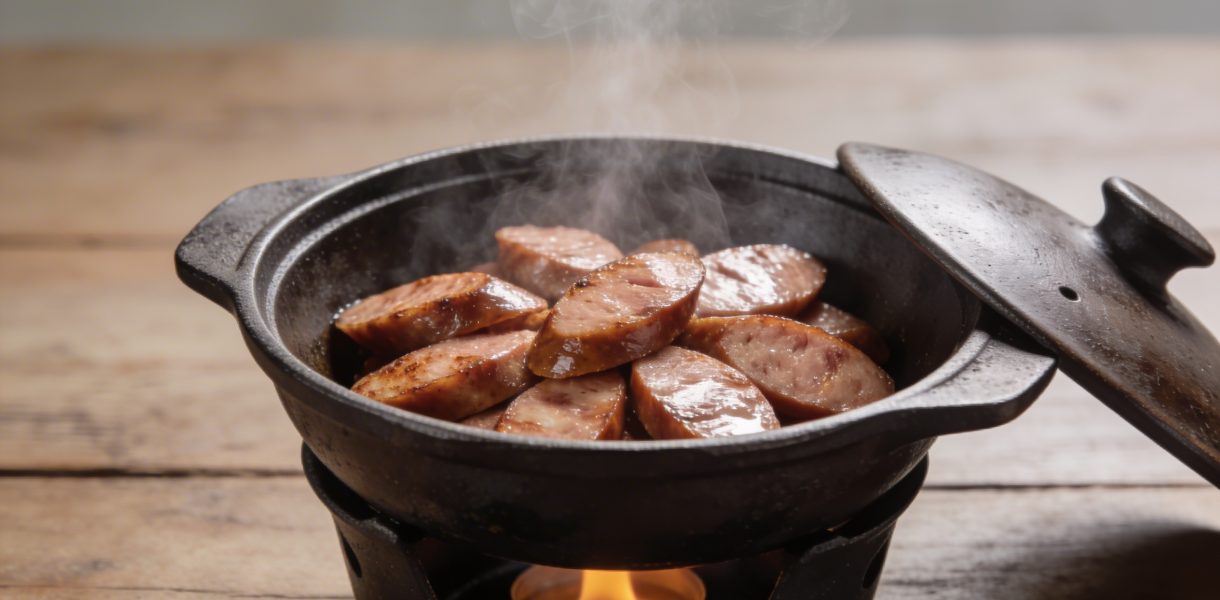 Casserole fumante sur feu doux avec andouilles