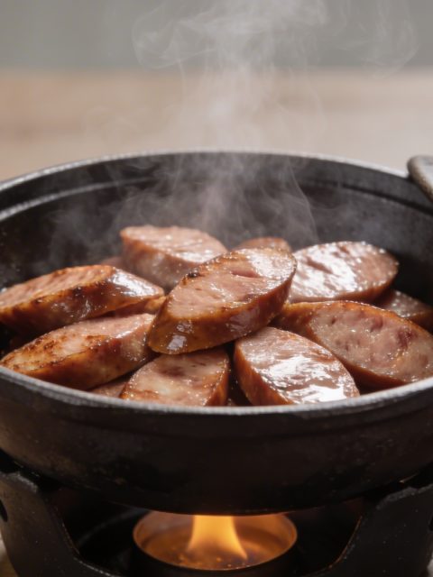 Casserole fumante sur feu doux avec andouilles