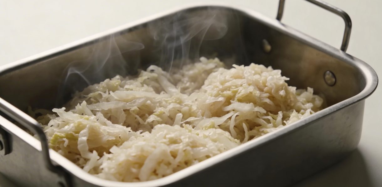 Casserole en metal avec choucroute crue fumante