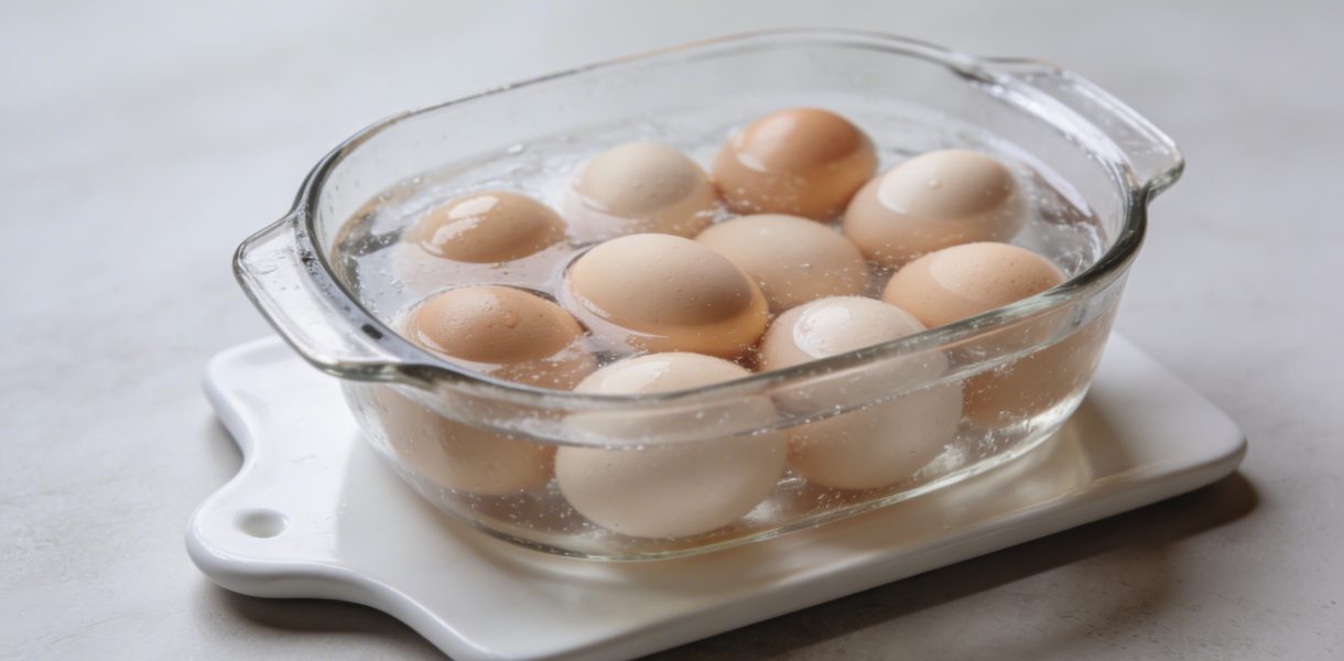 Casserole remplie doeufs dans eau froide sur plaque