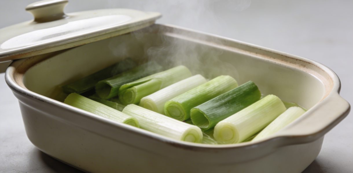 Casserole vapeur ouverte avec poireaux en troncons verts