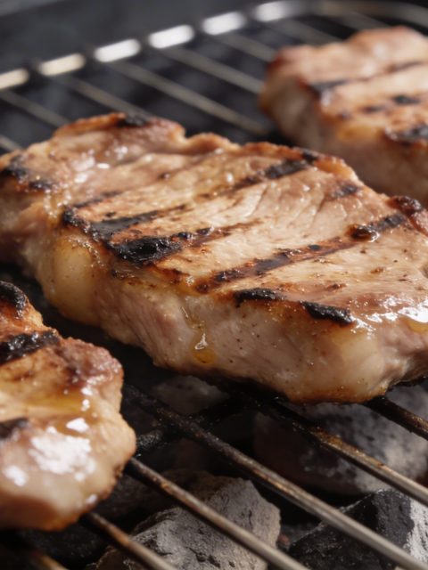 Cotelettes de porc marinees grillees sur barbecue