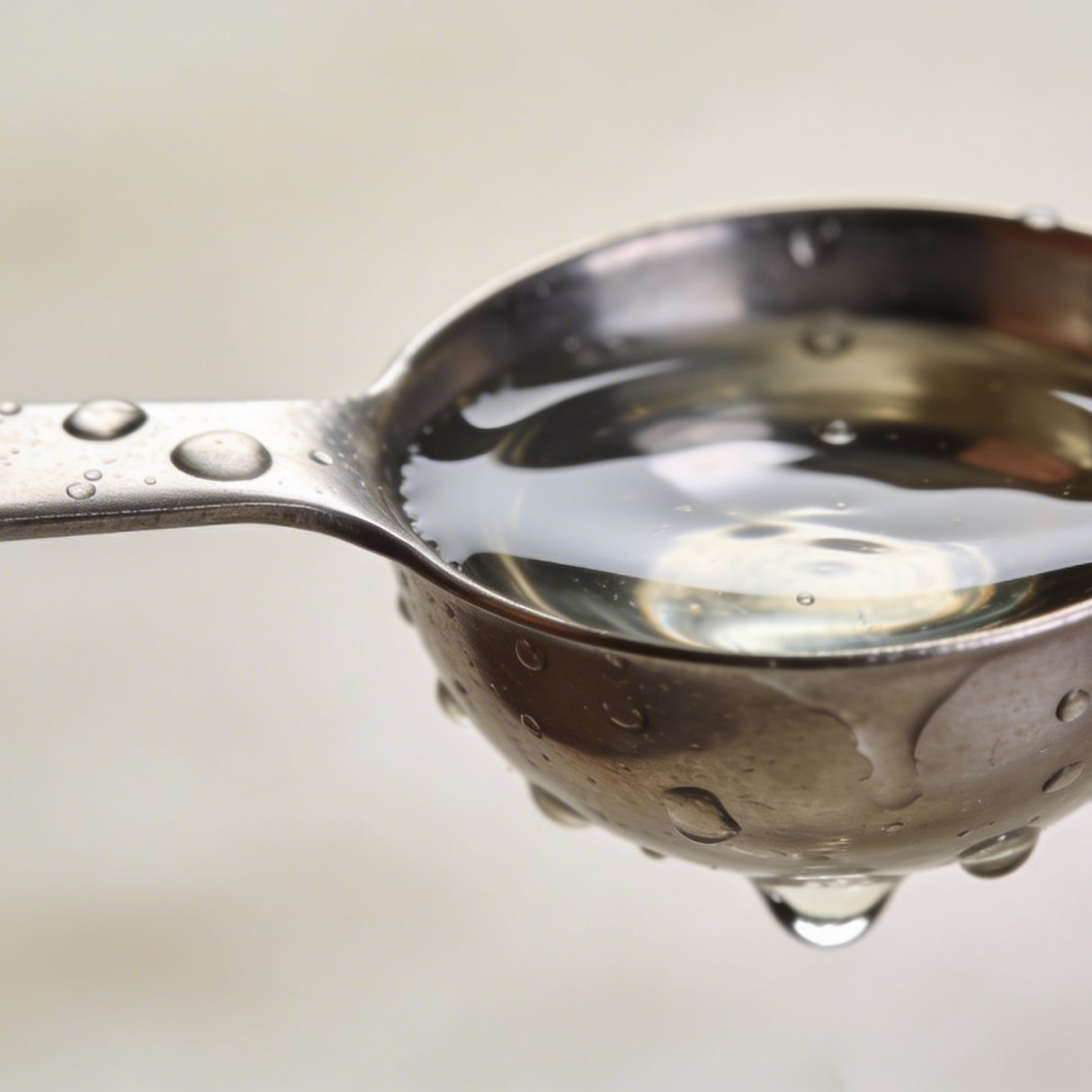 Cuillere doseuse en metal remplie d eau