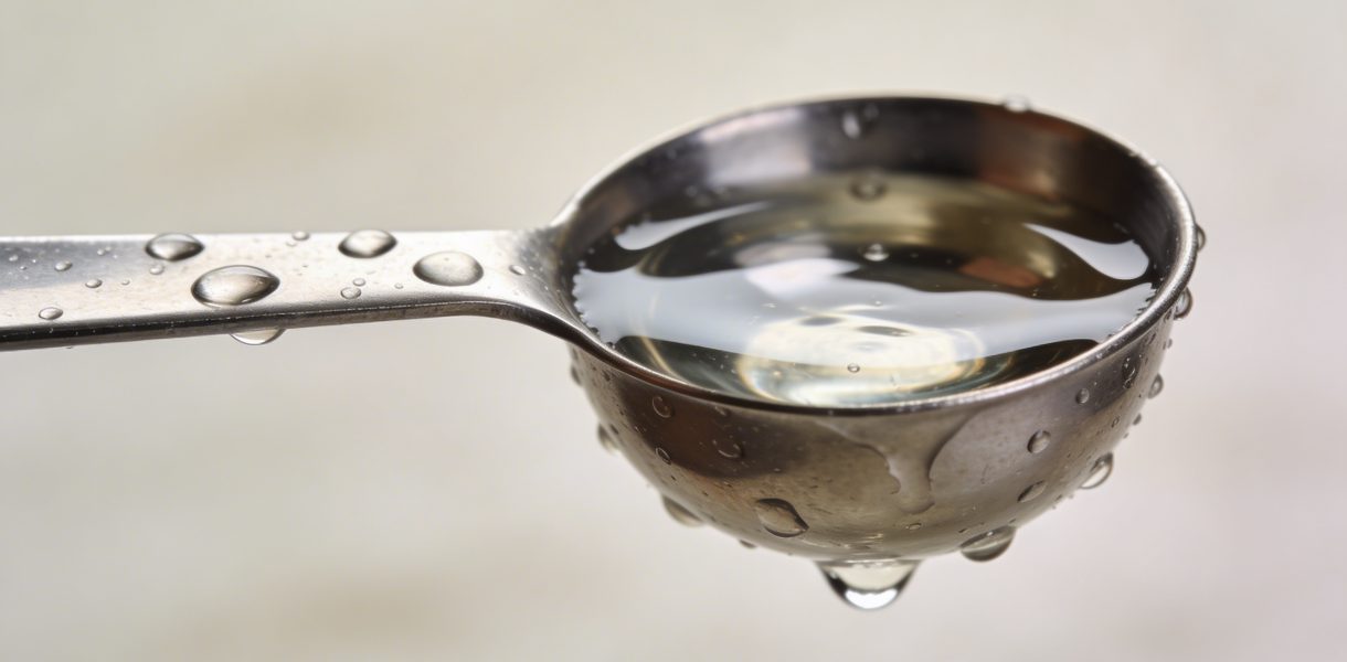Cuillere doseuse en metal remplie d eau
