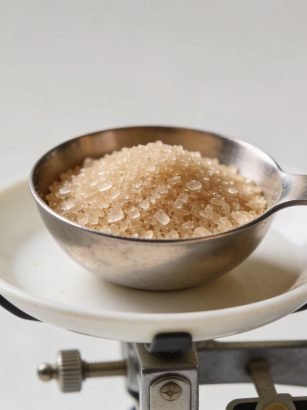 Cuillere doseuse remplie de sucre vanille sur balance