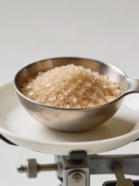 Cuillere doseuse remplie de sucre vanille sur balance
