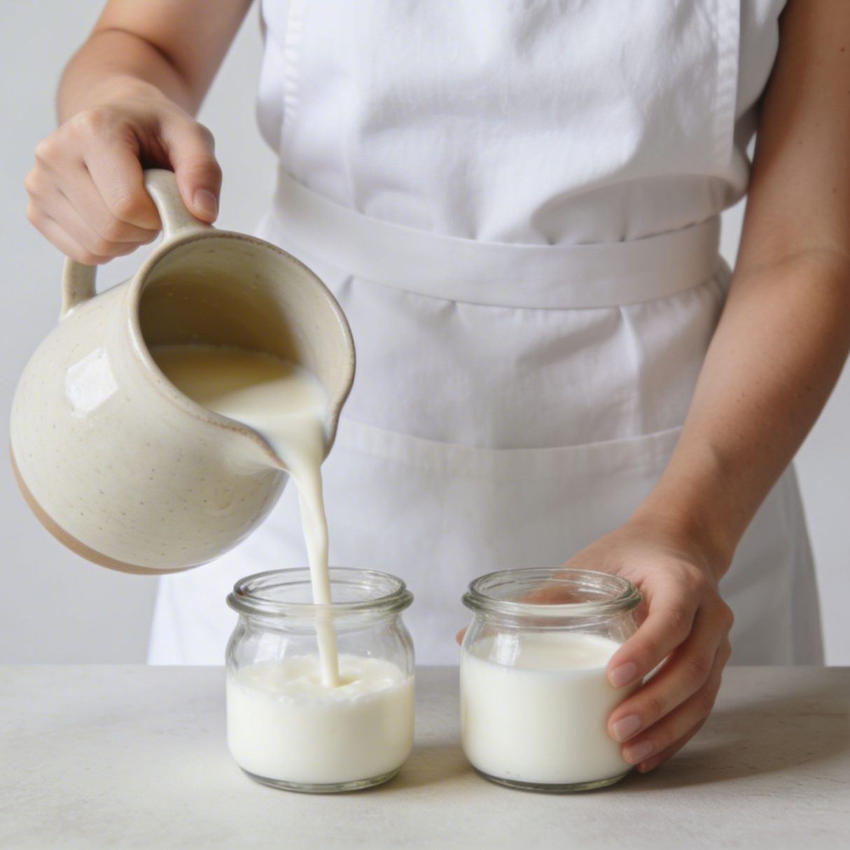 Femme versant lait chaud dans petits pots en verre