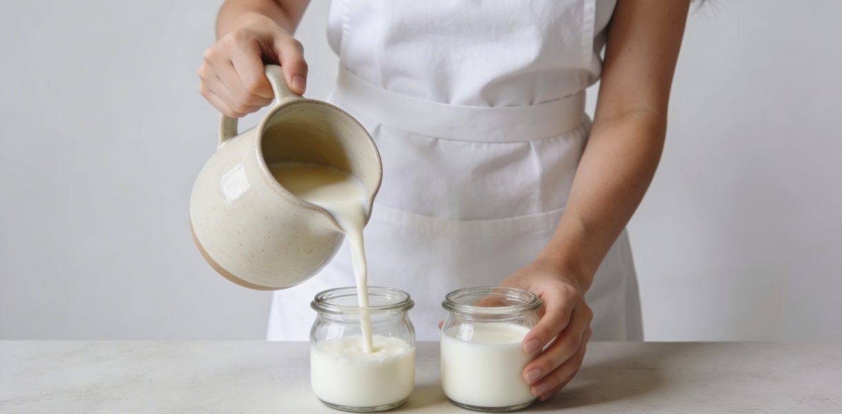 Femme versant lait chaud dans petits pots en verre