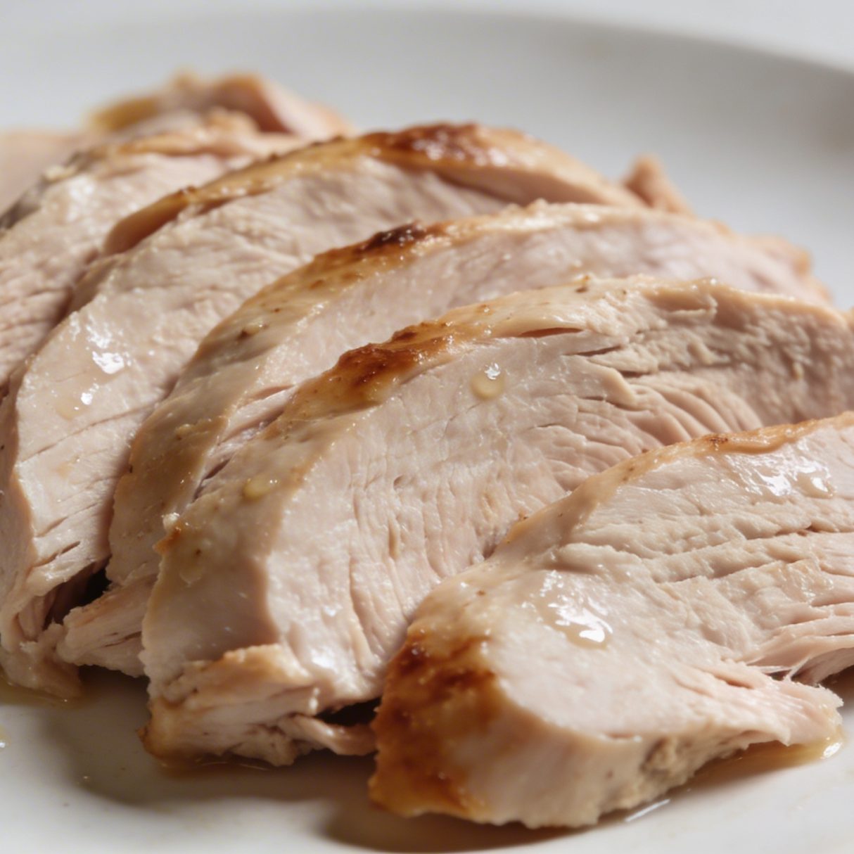 Plat de filet de dinde roti tranche sur assiette blanche