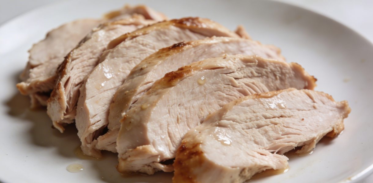 Plat de filet de dinde roti tranche sur assiette blanche