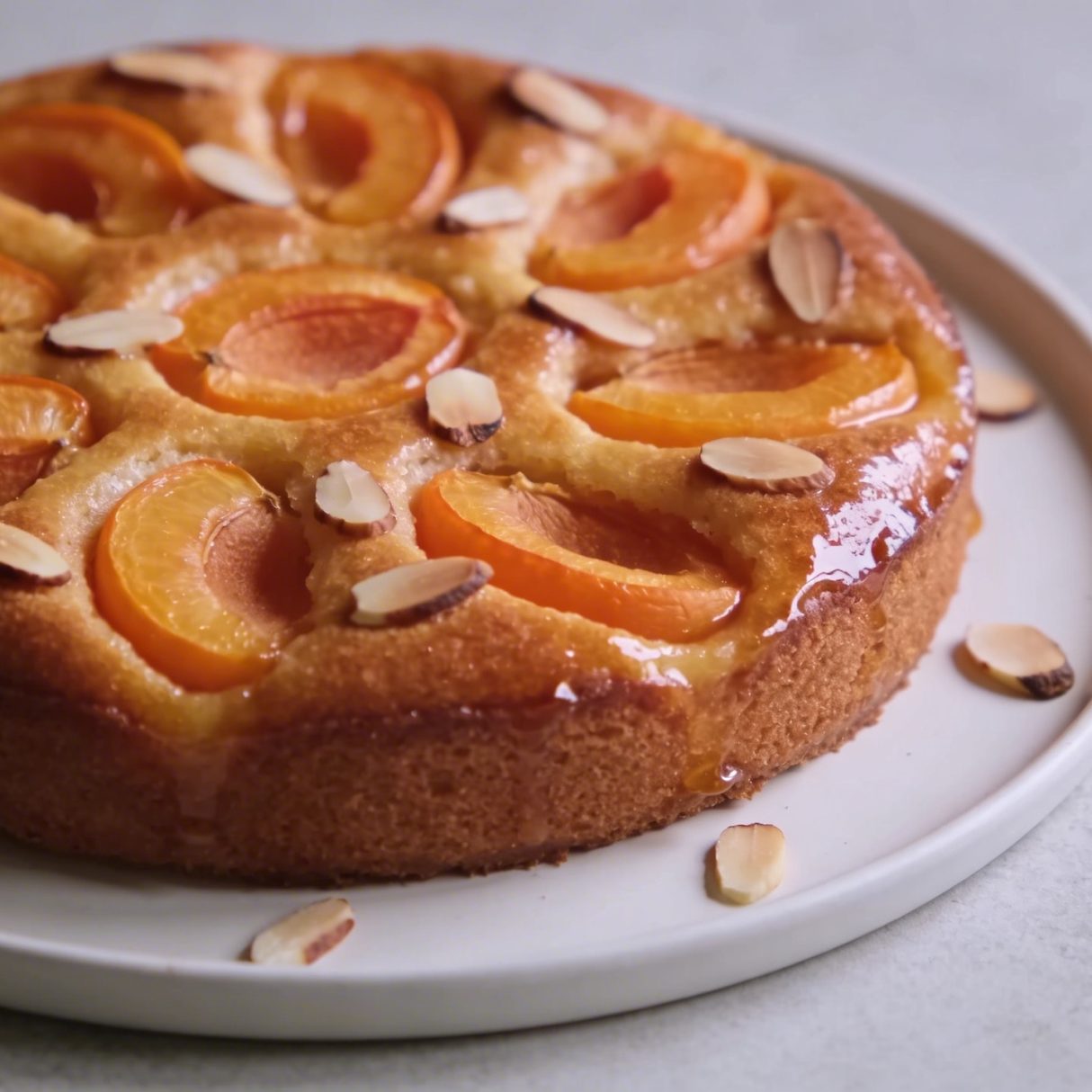 gros gateau dore aux abricots tranches et amandes sur assiette blanche
