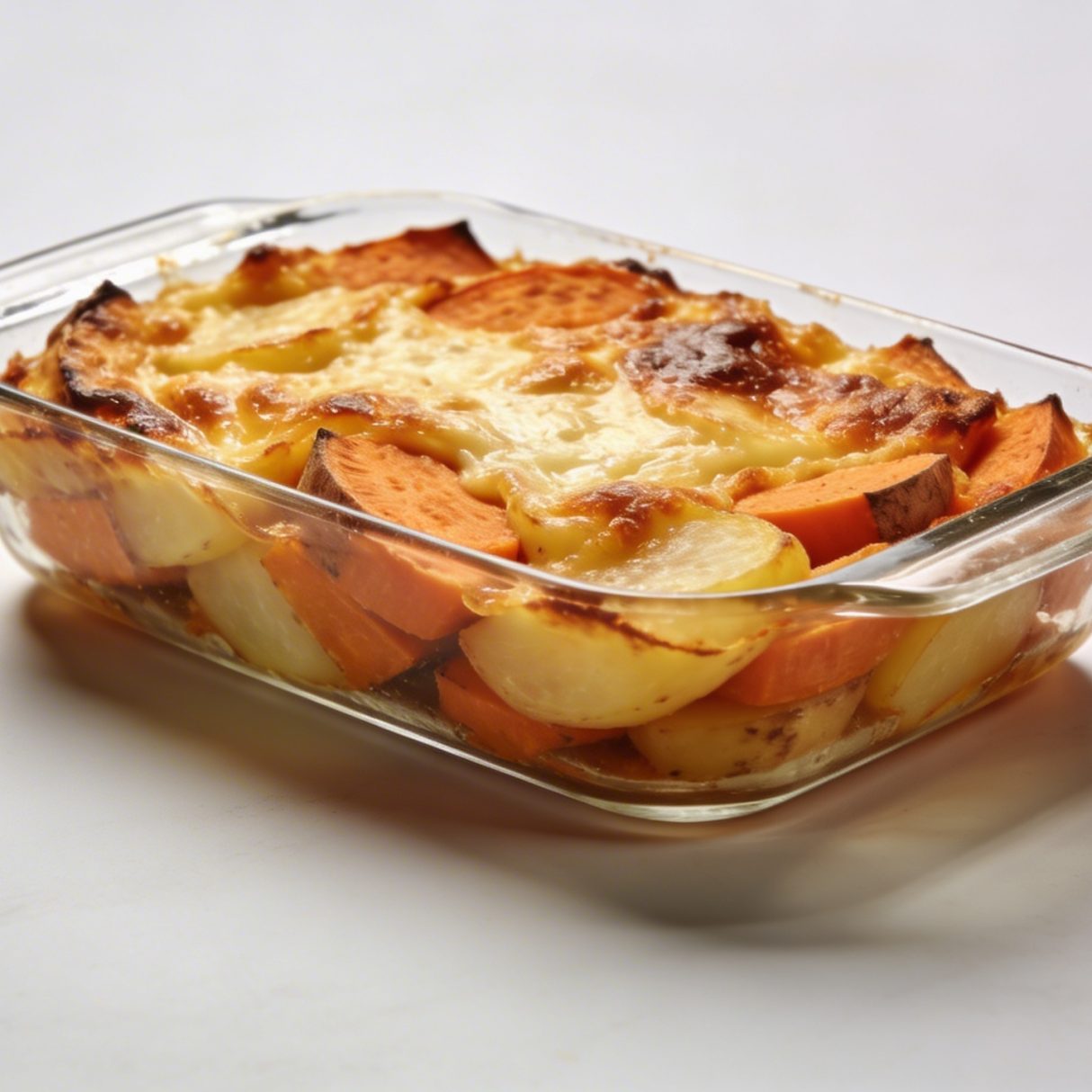 Plat en verre de gratin dore patates douces et pommes de terre