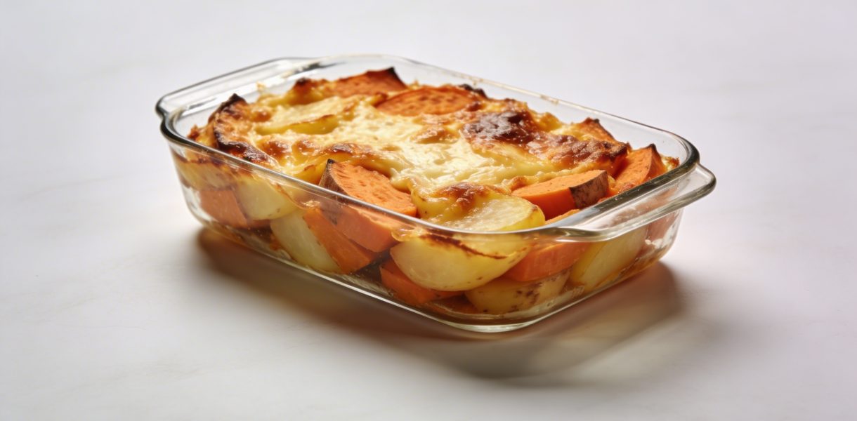 Plat en verre de gratin dore patates douces et pommes de terre