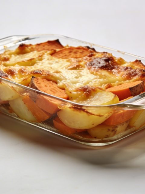Plat en verre de gratin dore patates douces et pommes de terre