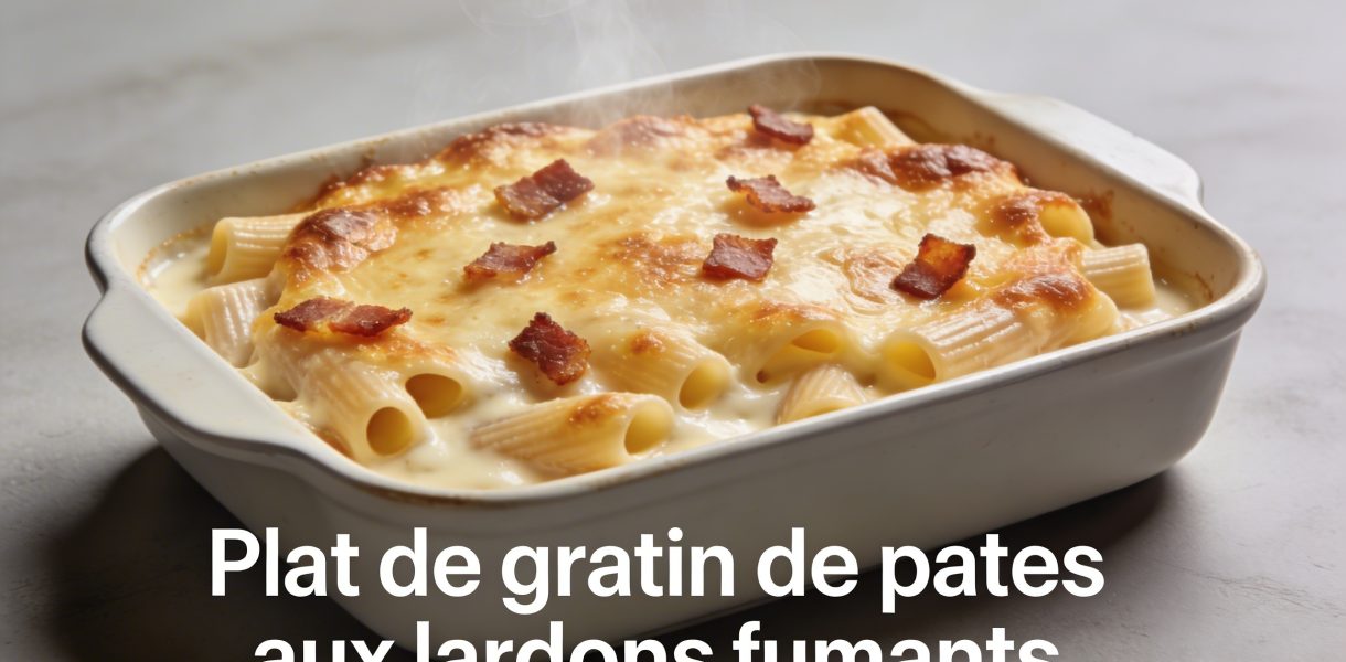 Plat de gratin de pates aux lardons fumants