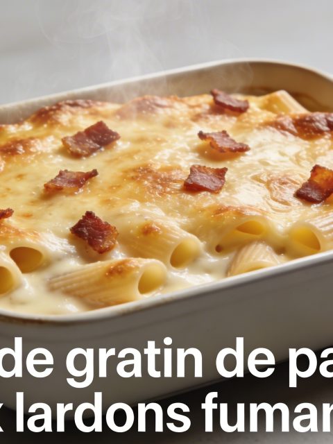Plat de gratin de pates aux lardons fumants